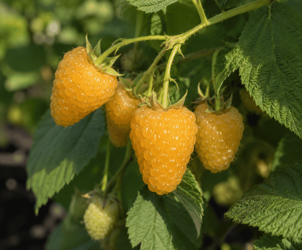 Fresh yellow raspberries growing on a plant in an organic nursery.