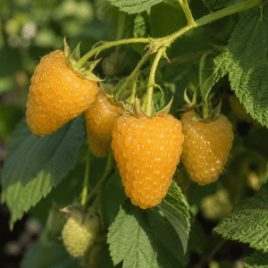 Fresh yellow raspberries growing on a plant in an organic nursery.