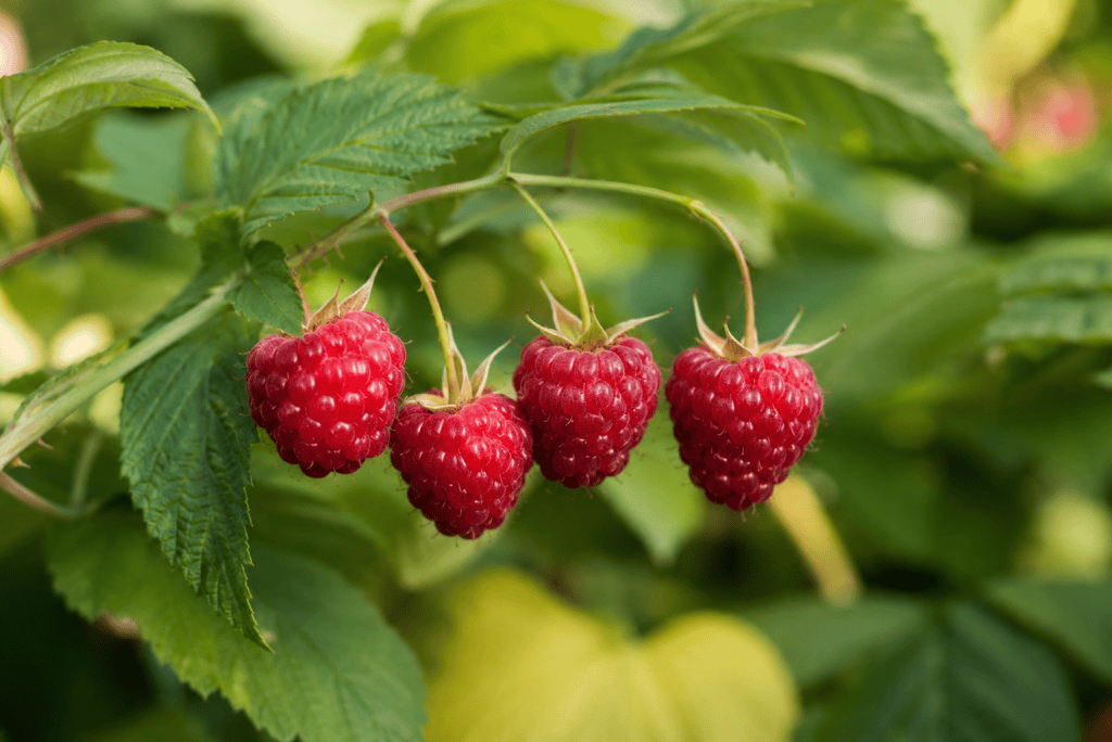 Fresh ripe raspberries hanging on green bush in organic nursery.