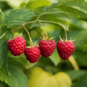 Fresh ripe raspberries hanging on green bush in organic nursery.