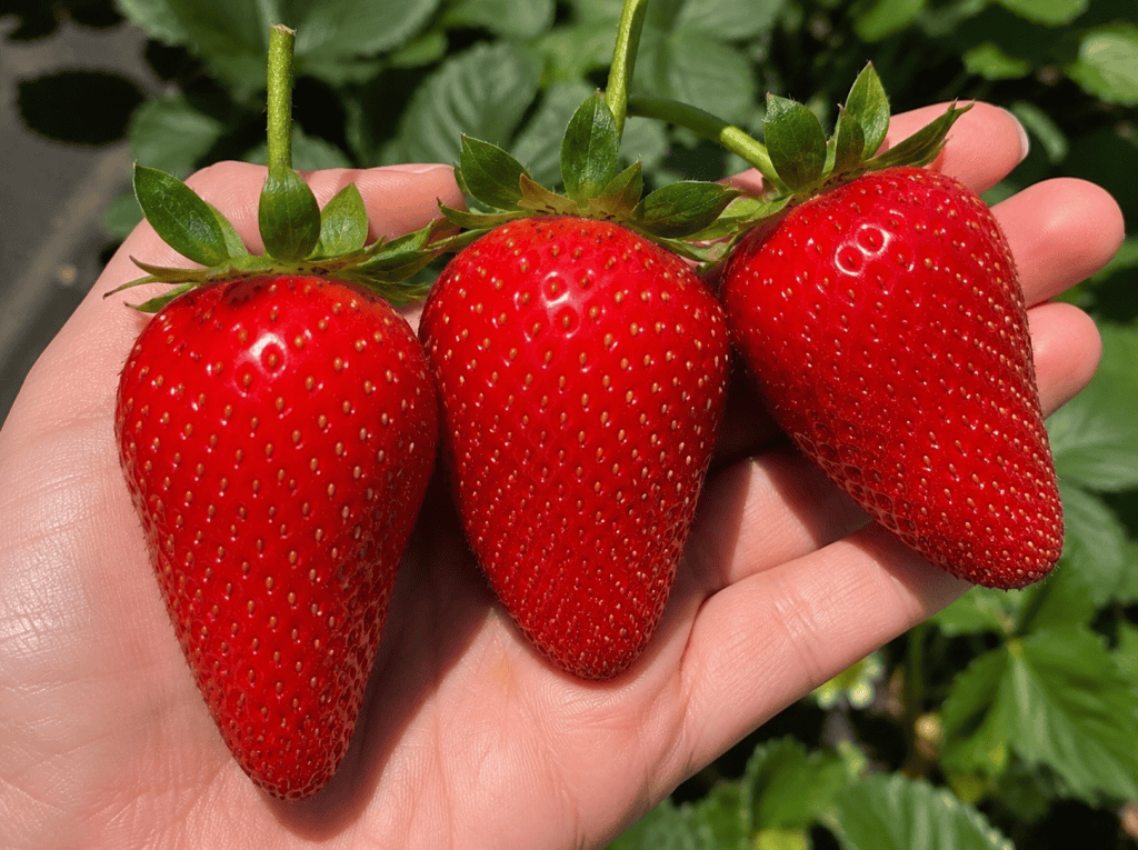 Close-up of three ripe organic strawberries held in hand.