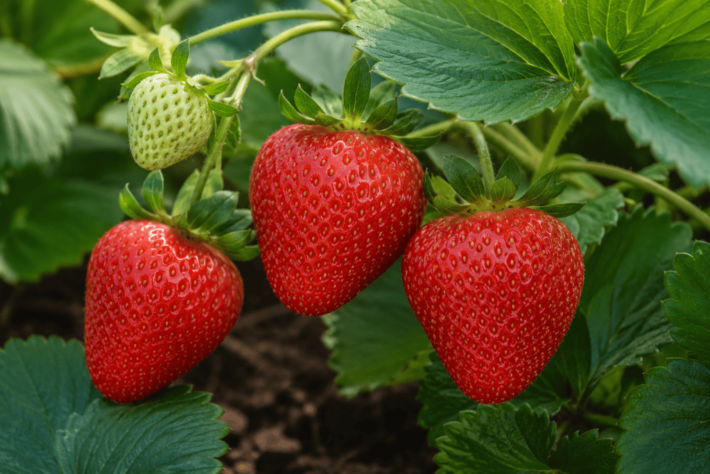 Healthy organic strawberries growing in a nursery with lush green leaves.