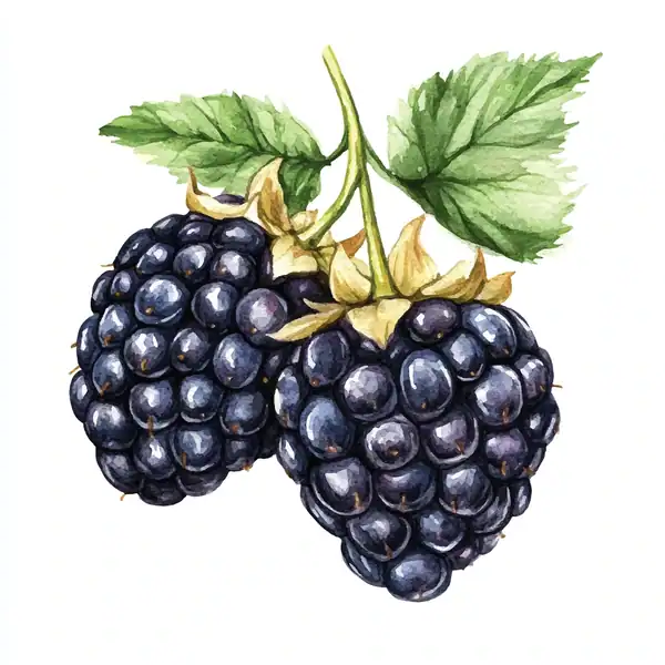Fresh organic blackberries with green leaves on a white background.