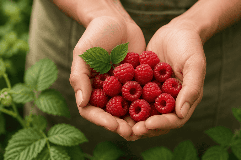 Close-up of hands holding ripe organic raspberries in a nursery setting.