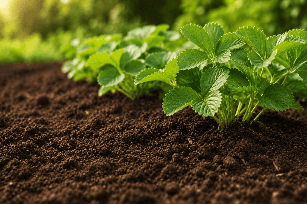 Young organic strawberry plants growing in rich soil at nursery.