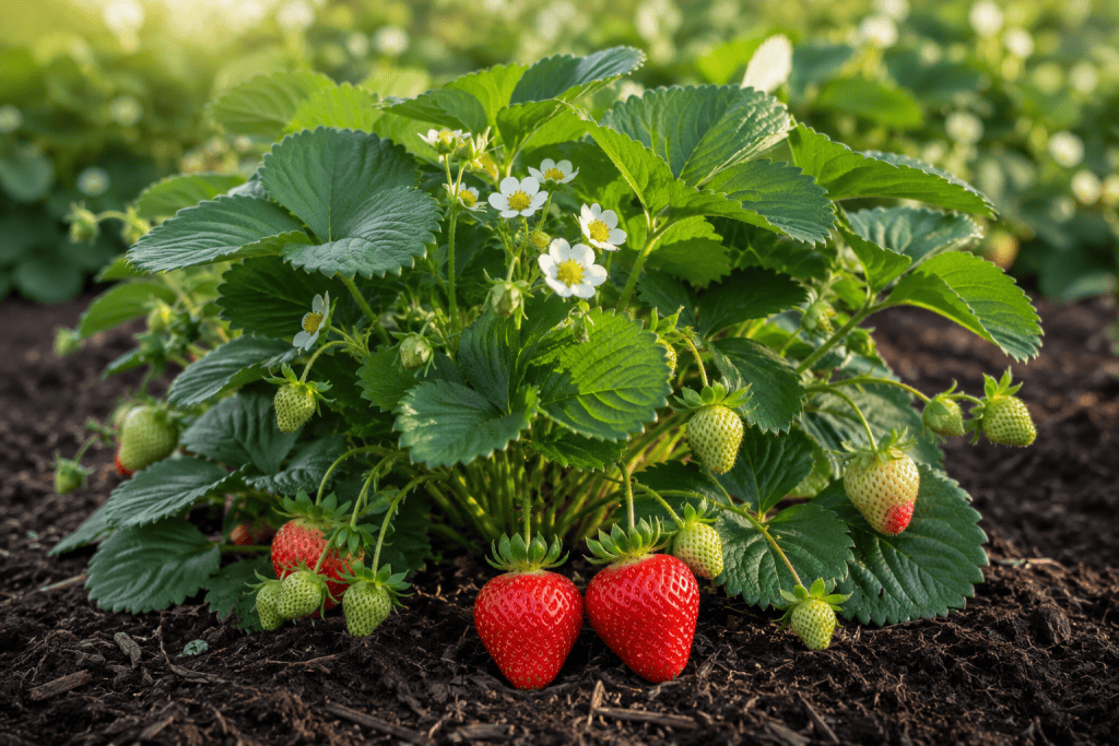 Healthy organic strawberry plant with ripe and unripe strawberries in soil.