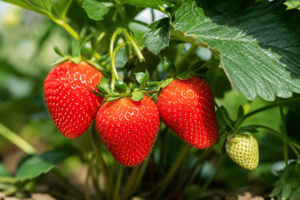 Vibrant red strawberries growing on a plant in an organic nursery setting.